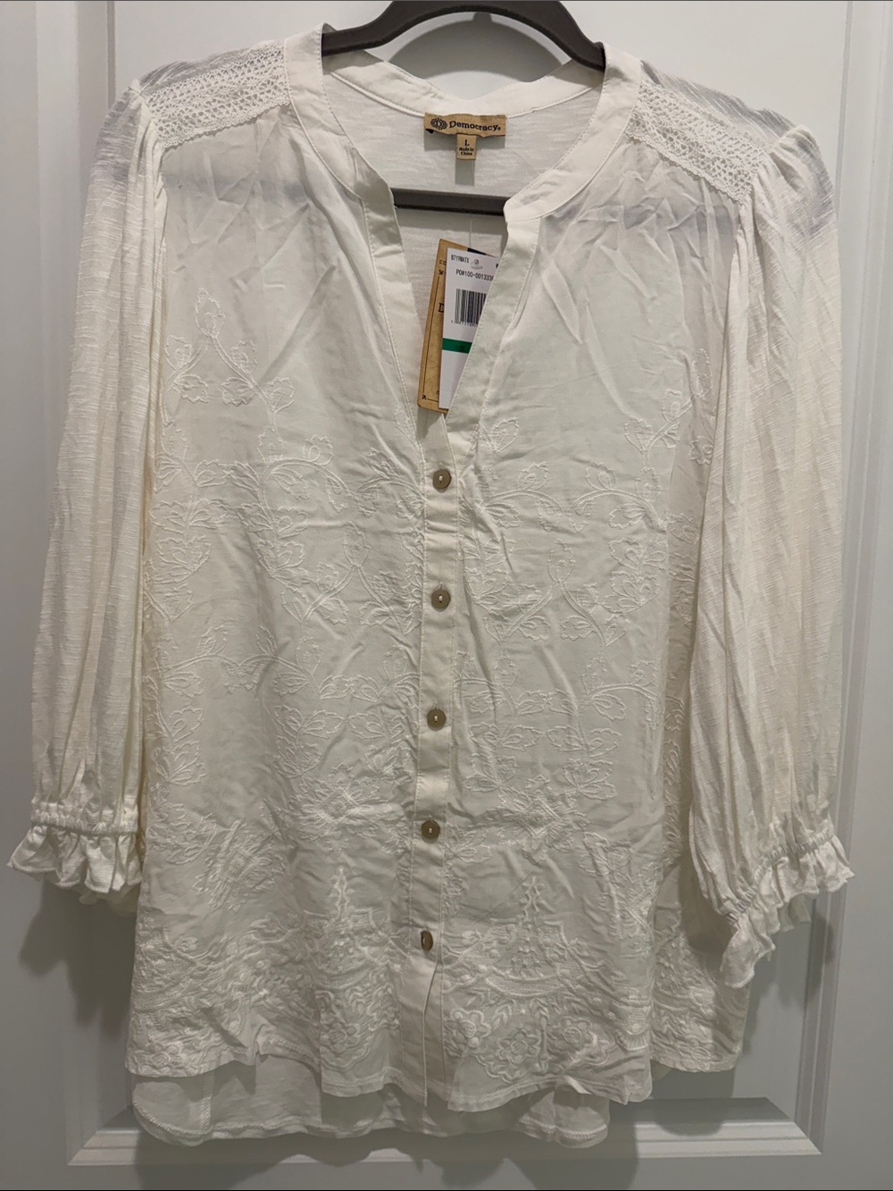 Democracy Cream Embroidered Button-Front Peasant Blouse